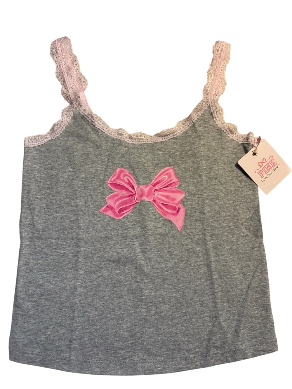 NWT LoveShackFancy X VS PINK Cami Medium Gray Pink Bow Lace Trim Tank Cotton NEW - Picture 4 of 16
